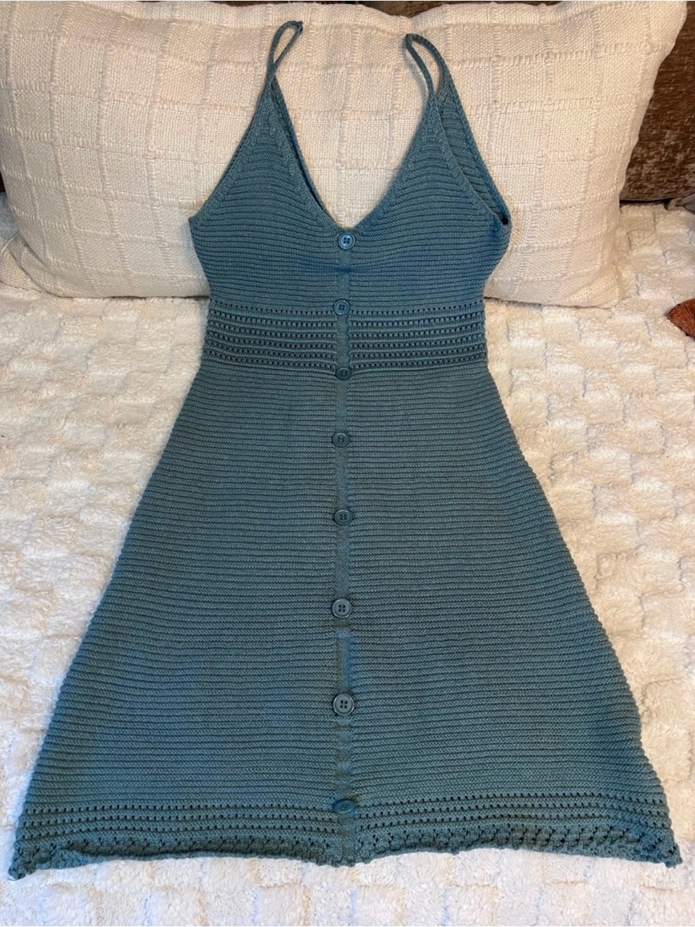 Button-Front Knit Crochet
Summer Dress in Teal